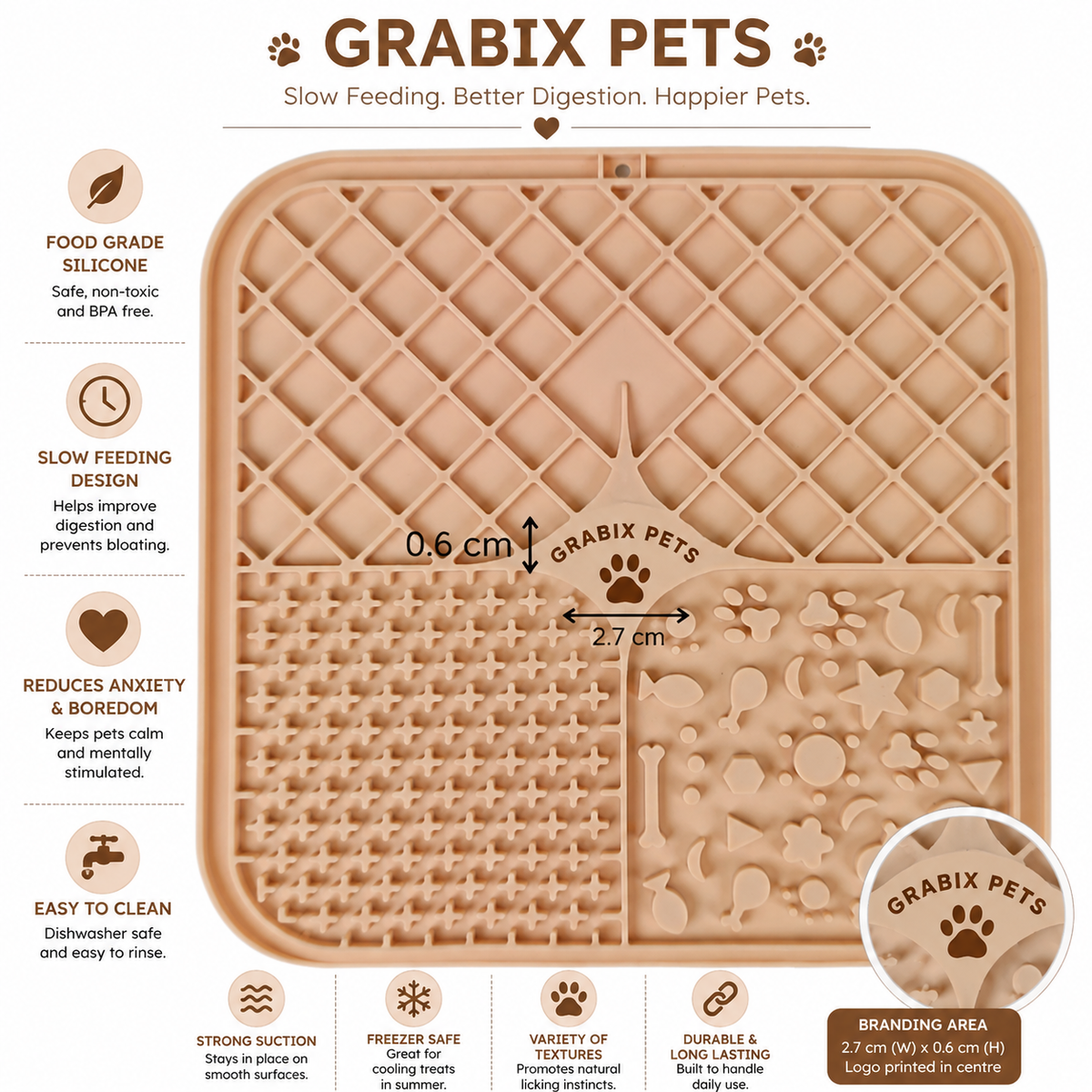 Grabix Pets Silicone Lick Mat for Dogs – Slow Feeder Enrichment Mat with Scraper & Cleaning Brush