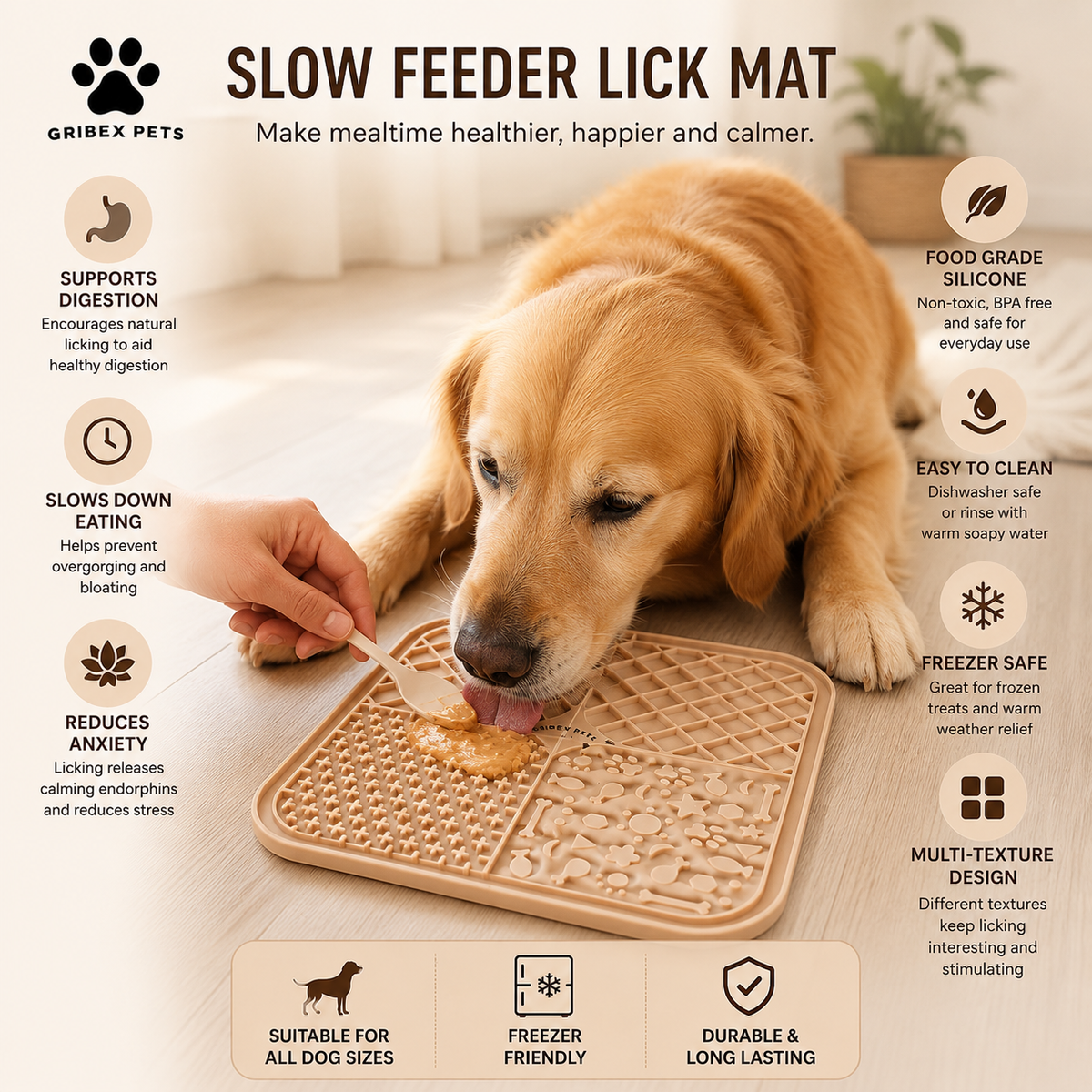 Grabix Pets Silicone Lick Mat for Dogs – Slow Feeder Enrichment Mat with Scraper & Cleaning Brush