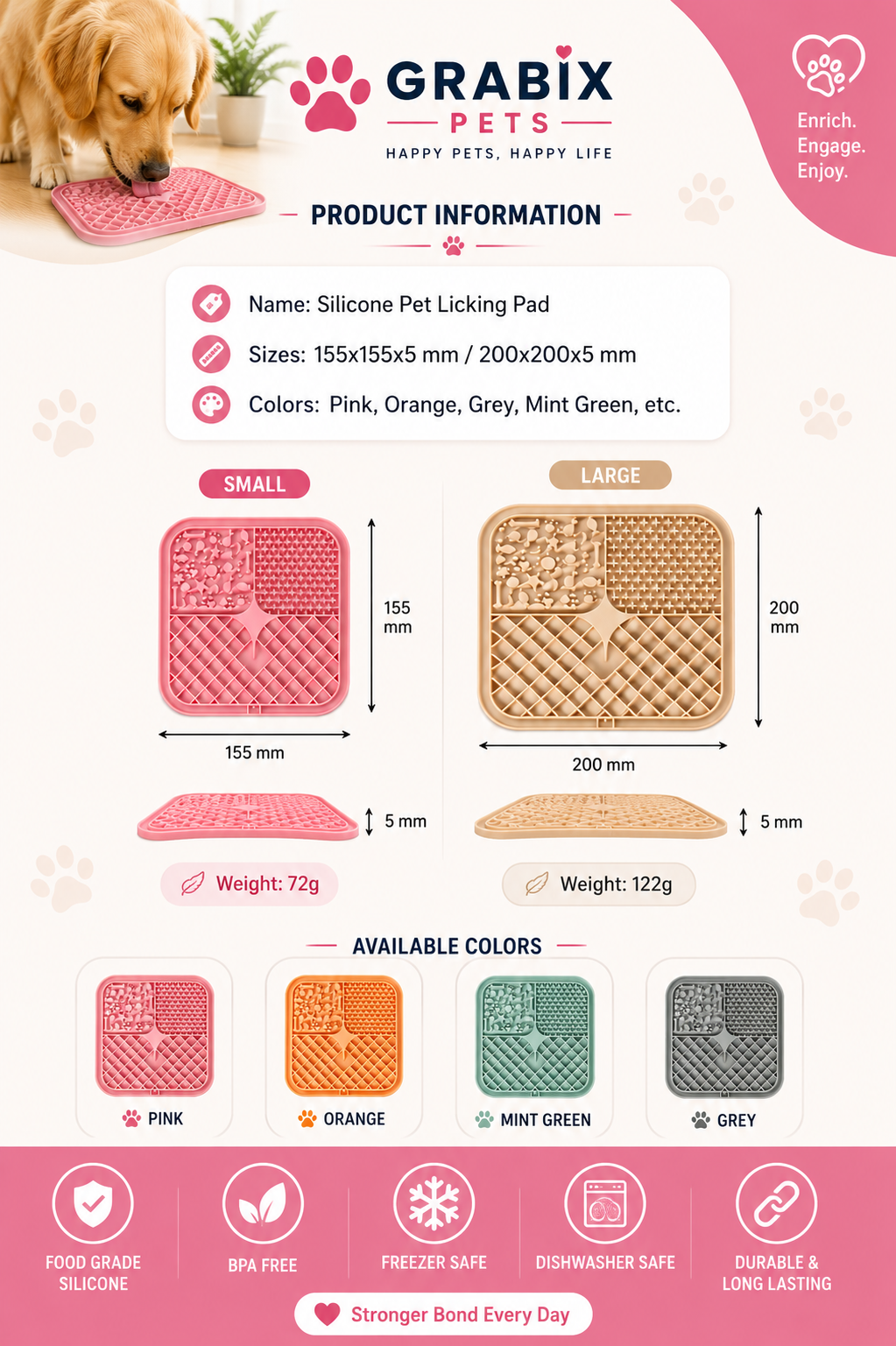 Grabix Pets Silicone Lick Mat for Dogs – Slow Feeder Enrichment Mat with Scraper & Cleaning Brush