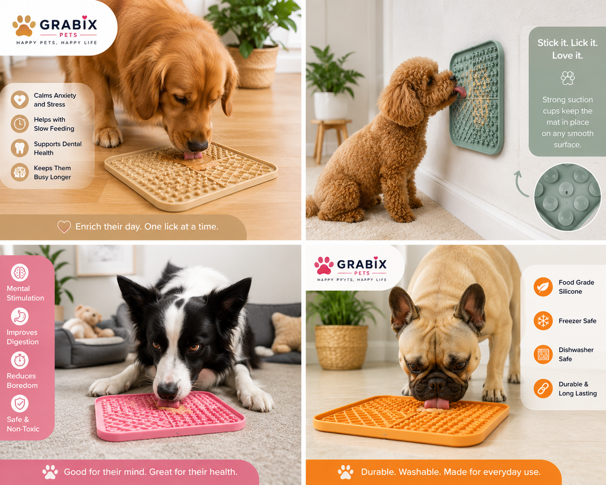 Grabix Pets Silicone Lick Mat for Dogs – Slow Feeder Enrichment Mat with Scraper & Cleaning Brush