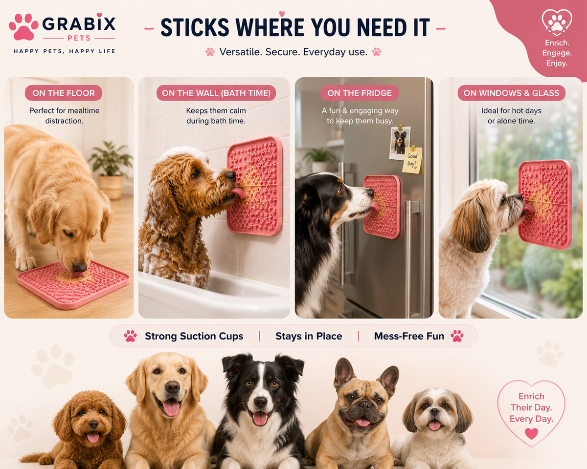 Grabix Pets Silicone Lick Mat for Dogs – Slow Feeder Enrichment Mat with Scraper & Cleaning Brush