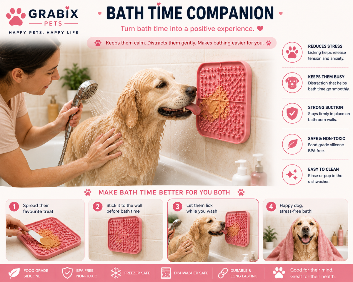 Grabix Pets Silicone Lick Mat for Dogs – Slow Feeder Enrichment Mat with Scraper & Cleaning Brush