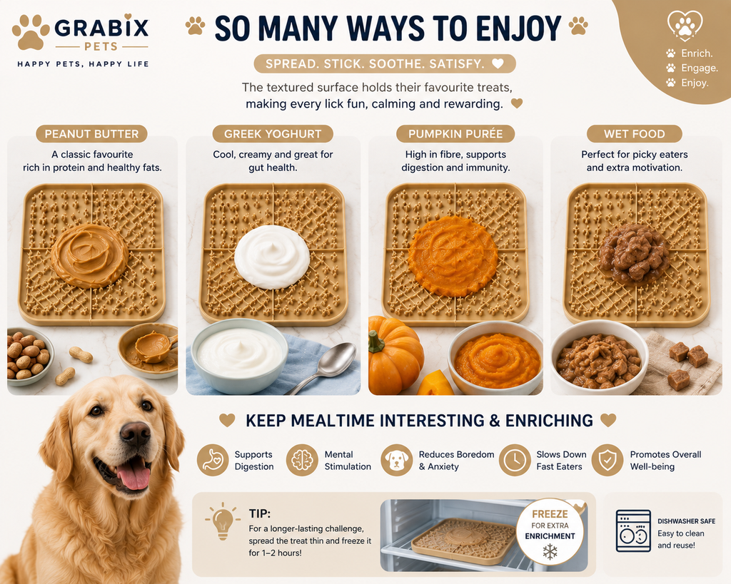Grabix Pets Silicone Lick Mat for Dogs – Slow Feeder Enrichment Mat with Scraper & Cleaning Brush