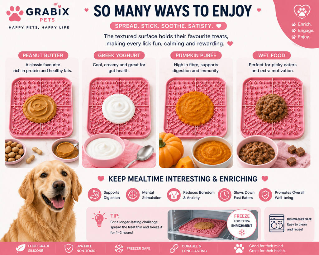 Grabix Pets Silicone Lick Mat for Dogs – Slow Feeder Enrichment Mat with Scraper & Cleaning Brush