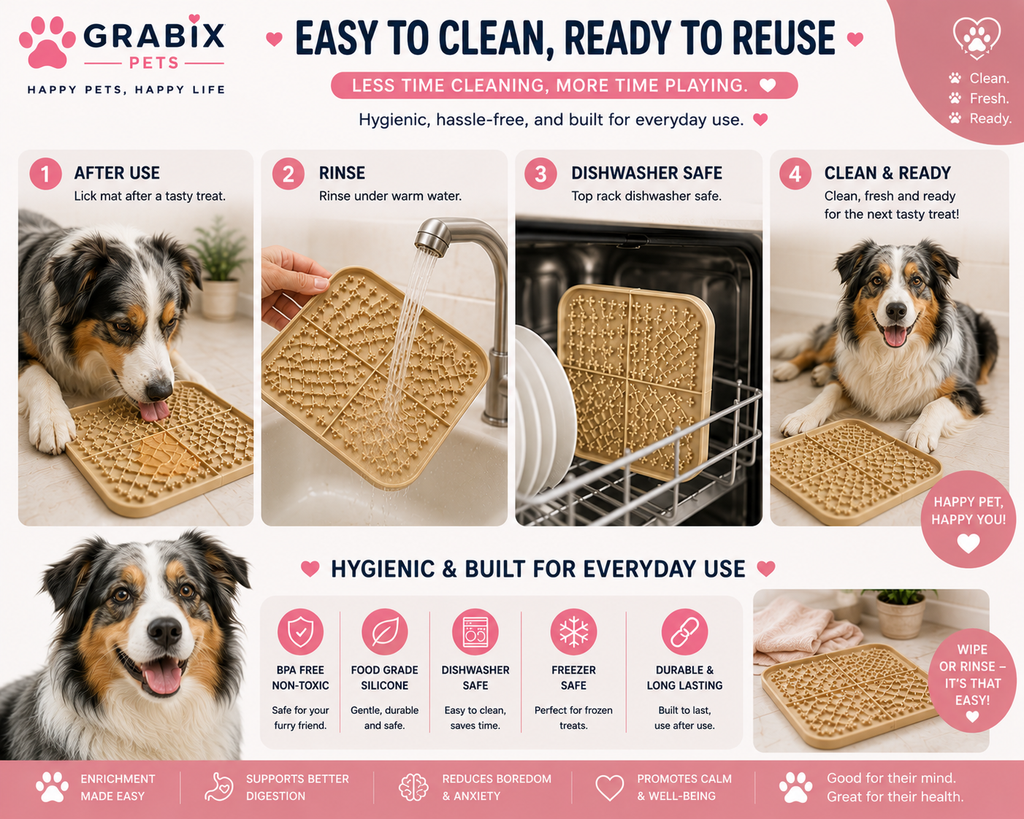 Grabix Pets Silicone Lick Mat for Dogs – Slow Feeder Enrichment Mat with Scraper & Cleaning Brush