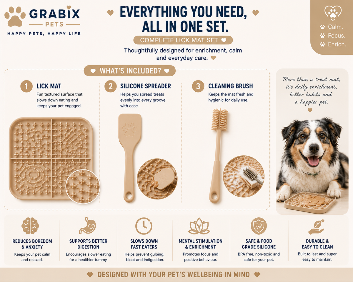 Grabix Pets Silicone Lick Mat for Dogs – Slow Feeder Enrichment Mat with Scraper & Cleaning Brush