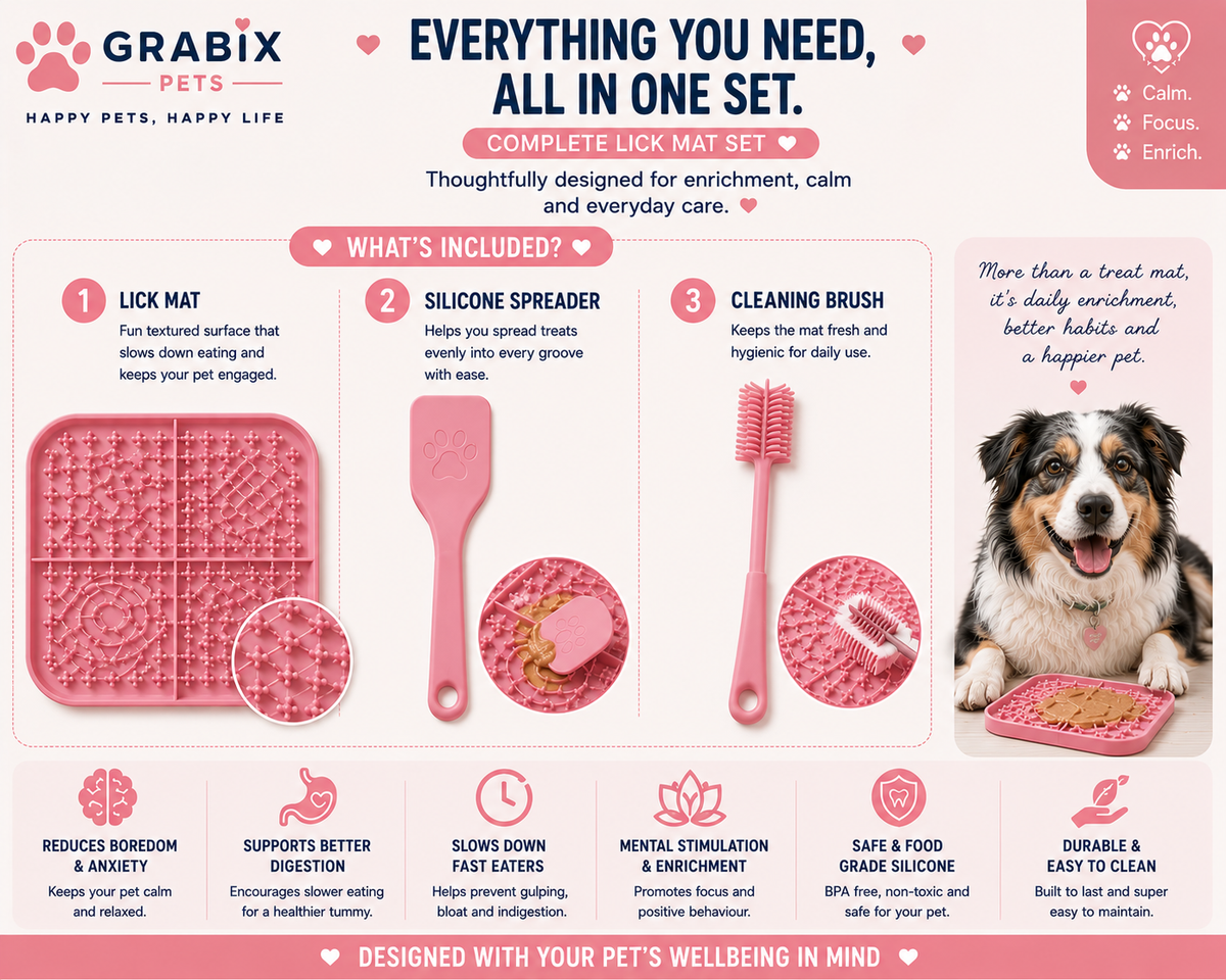 Grabix Pets Silicone Lick Mat for Dogs – Slow Feeder Enrichment Mat with Scraper & Cleaning Brush
