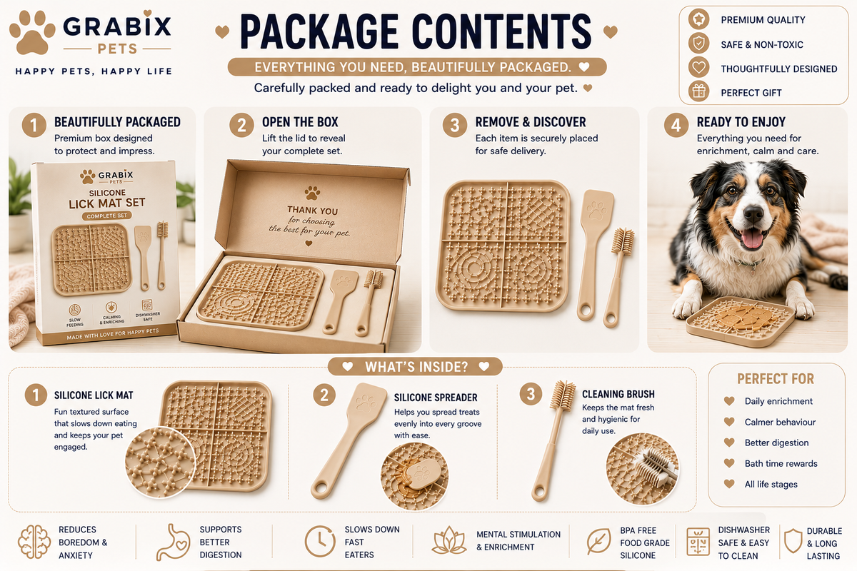 Grabix Pets Silicone Lick Mat for Dogs – Slow Feeder Enrichment Mat with Scraper & Cleaning Brush